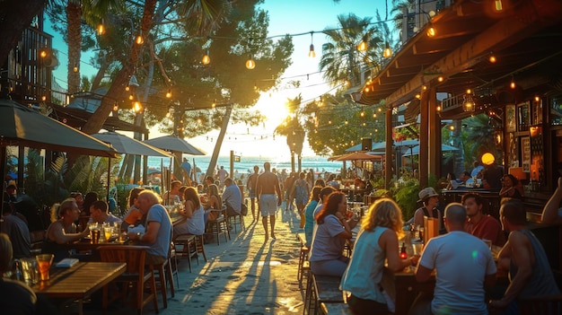 Beachside Seafood Restaurant Delight People Enjoying Meals in Vibrant Lively Atmosphere