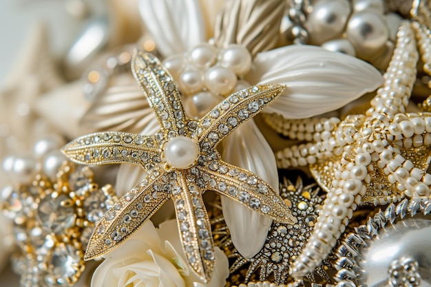 Beachy bliss brooch bouquet collection of starfish and floral jewelry designs with pearls