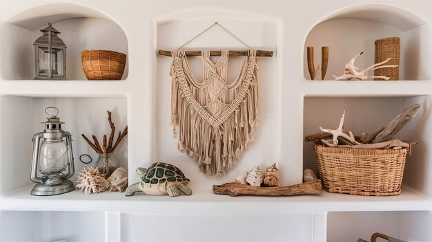 Photo beachy boho coastal decor on a white shelf