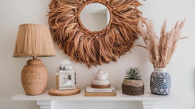 Photo beachy boho coastal decor on a white shelf