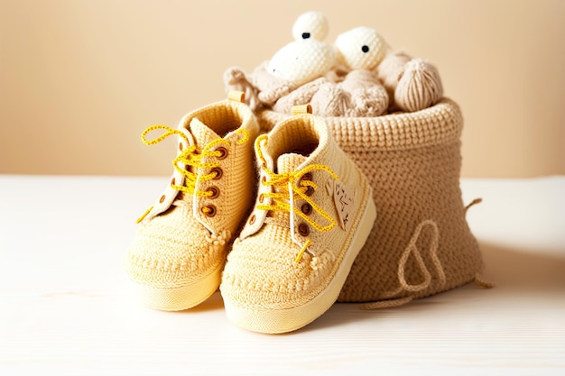 Beaful beige childrens shoes on light background cute kids knitted toys