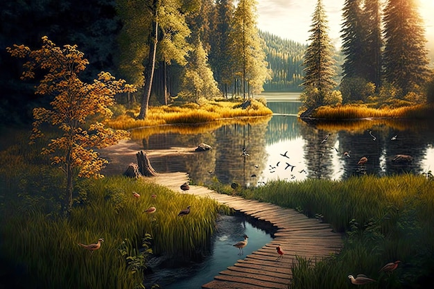 Beaful landscape with lake and duckboards path in forest passing by