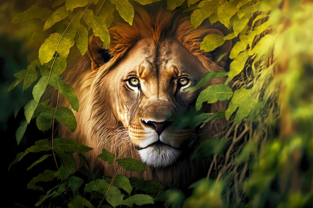 Beaful portrait of lions head among blurred foliage