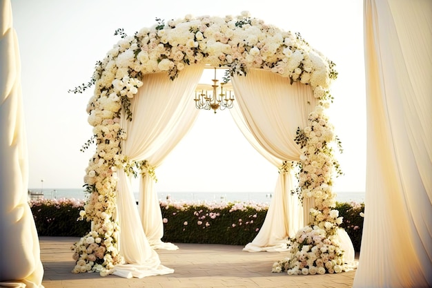 Beaful white ceremonial wedding arch with fabric and lush bouquets of flowers