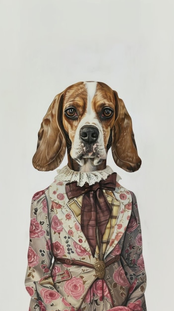 Photo beagle costumes wearing vintage lady fashion outfit surrealism portrait animal canine