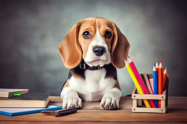 Beagle dog on desk with school supplies isolated background