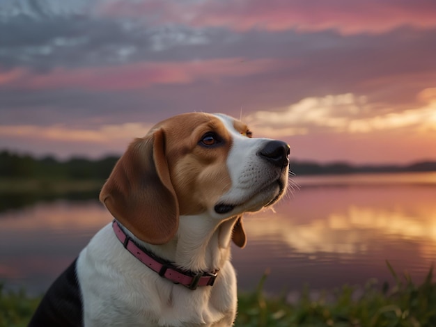 a Beagle dog dog is sitting by a lake and looking at the sunset