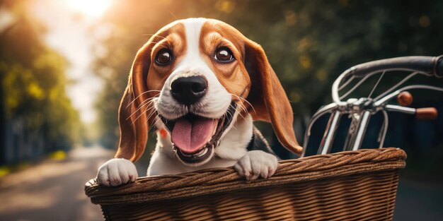 Beagle dog have fun bicycle ride on sunshine day morning in summer on town street