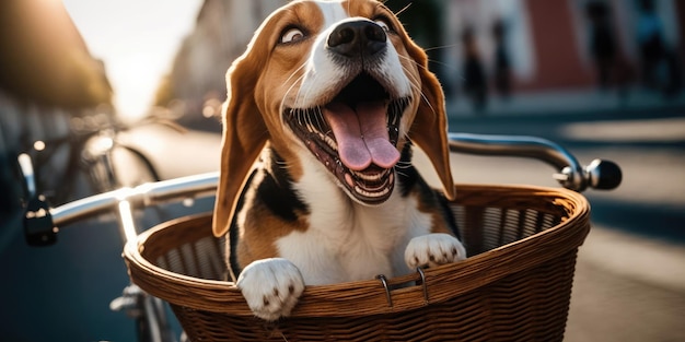 Beagle dog have fun bicycle ride on sunshine day morning in summer on town street