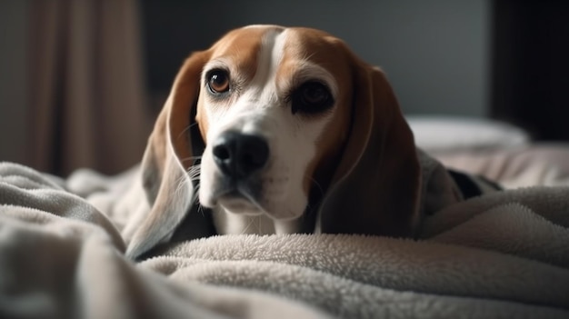 A beagle dog is wrapped in a blanket.