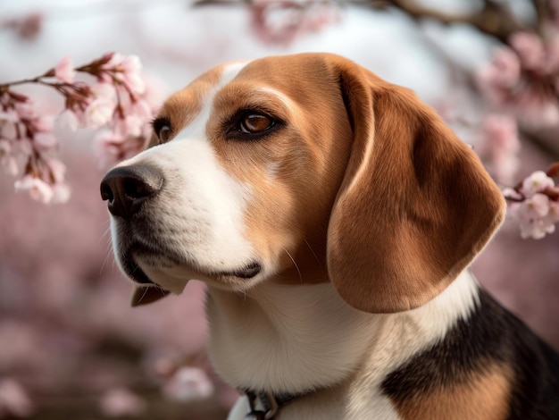 Beagle dog portrait against sakura blossom tree