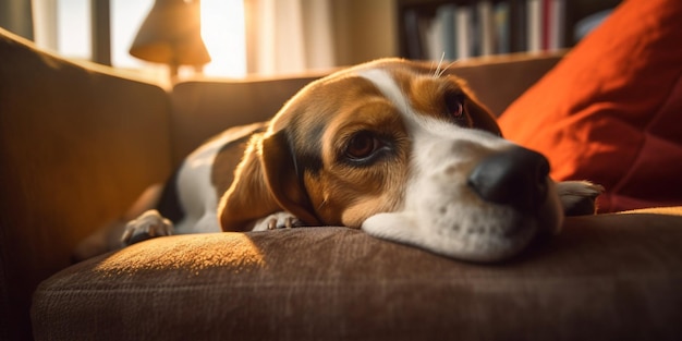 A beagle dog rests on a couch in front of a window.