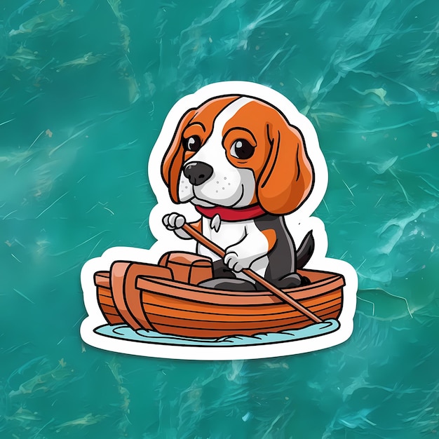 Photo beagle dog rowing a wooden boat in turquoise water