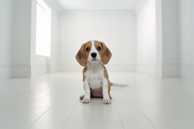 A beagle dog sits in a white room with a white wall behind it.