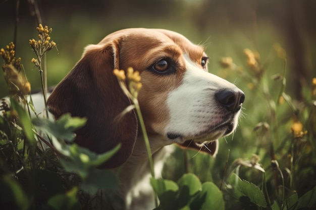 Beagle Dog Sniffing Grass