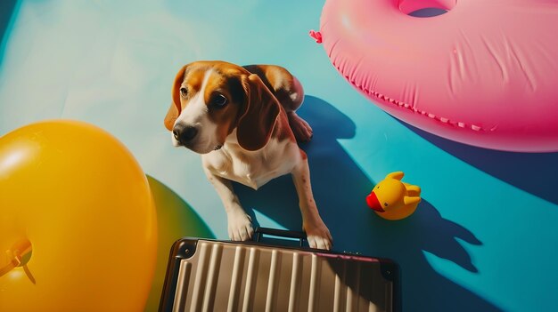 A beagle dog at a suitcase with things and a swimming inflatable duckling for a summ Generative AI