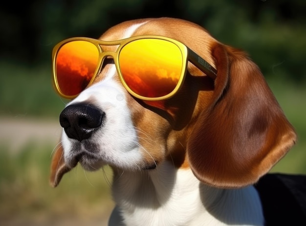 A beagle dog wearing sunglasses and an swimming circle on a blue background The concept of a summer holiday by the sea