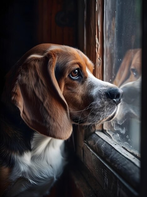 beagle dog on a window sill is looking out into the window