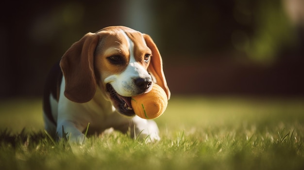 A beagle dog with a ball in its mouth