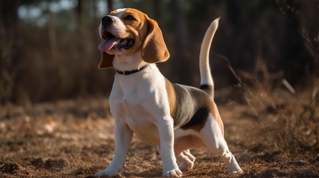 A beagle dog with a collar and collar stands in a forest.