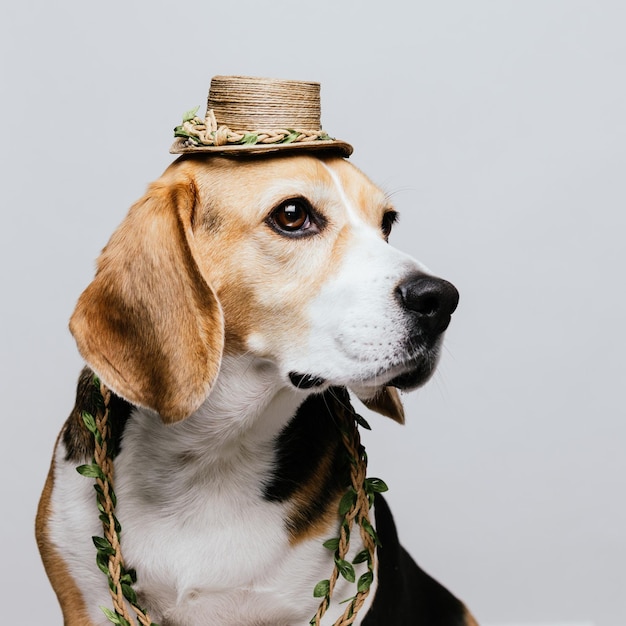 BEAGLE DOG WITH HAT ON WHITE BACKGROUND