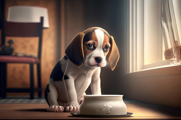 Beagle puppy eating in the house adorable animal