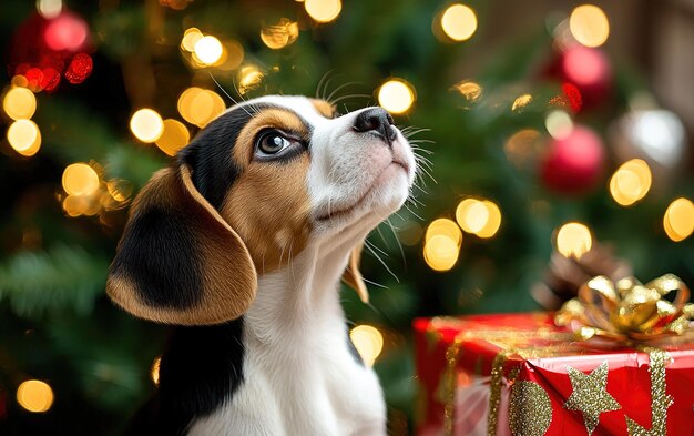 A beagle puppy gazes up at a beautifully decorated Christmas tree with glowing lights and wrapped presents at home during the holiday season