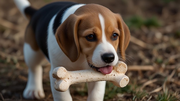 Photo beagle puppy holding bone