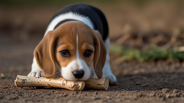 Photo beagle puppy holding bone