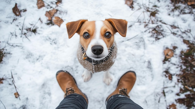 Photo a beagle puppy stands in the snow while a person in boots admires the winter landscape during a snowy day