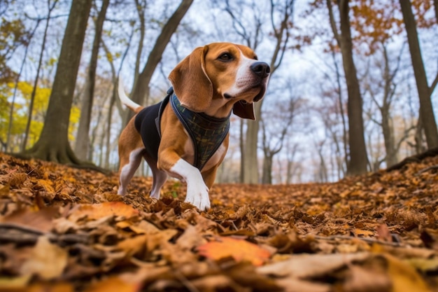 Beagle tracking scent on fallen autumn leaves created with generative ai