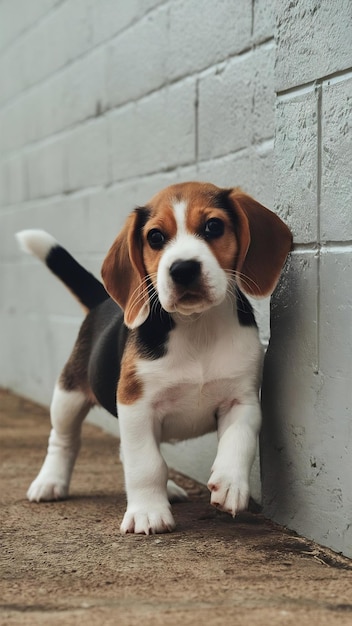 Photo beagle tricolor puppy is posing cute white braun black doggy or pet is playing on grey wall