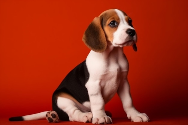 Beagle tricolor puppy is posing cute whitebraunblack doggy or pet is playing on red background looks attented and playful studio photoshot concept of motion movement action negative space