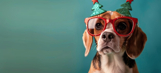 Photo beagle wearing festive glasses