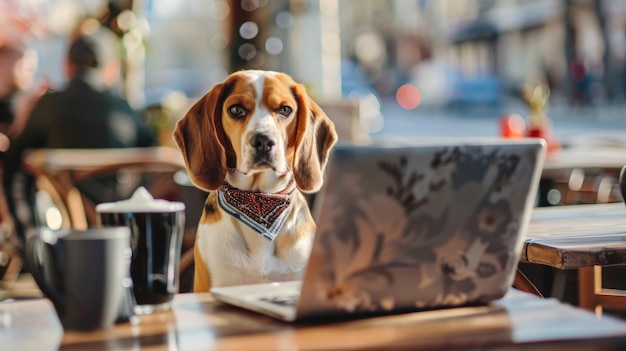 Beagle Working Remotely at a Cafe