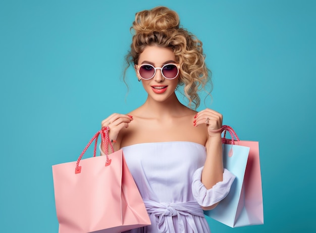 Beaitufil girl with shopping bag against vivid background