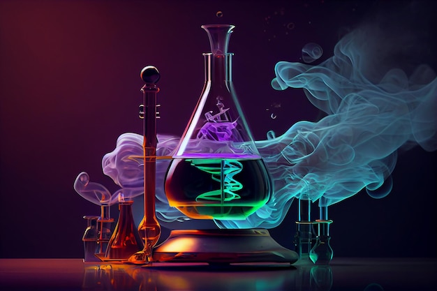 Beaker chemical flasks with colored medical liquids and colorful smoke from a toxic chemical reaction chemistry and medicine science concept dark background Generative AI