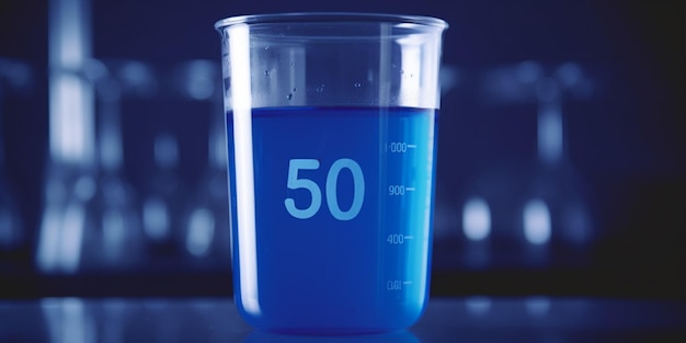 A beaker with the number 50 in blue liquid.