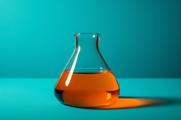 A beaker with orange liquid on it