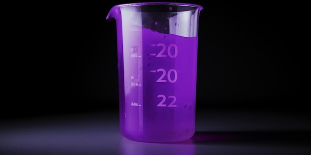 A beaker with purple liquid that says 20 and 22.