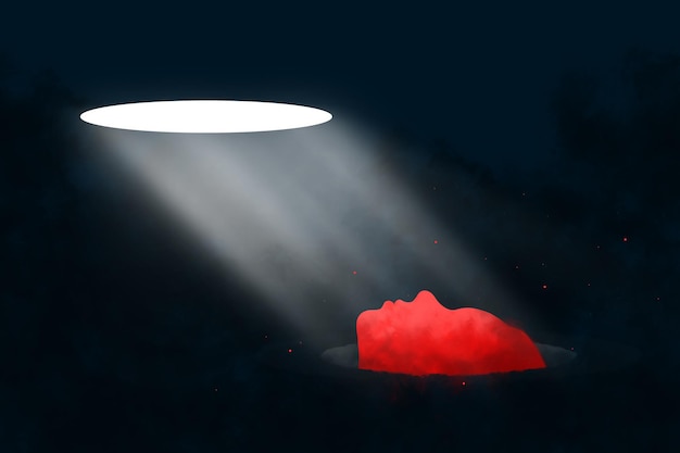 A beam of light falls on a red man in Depression melancholy pessimism loneliness Unhappy sad man in a bad mood Modern design magazine style 3D render 3D illustration