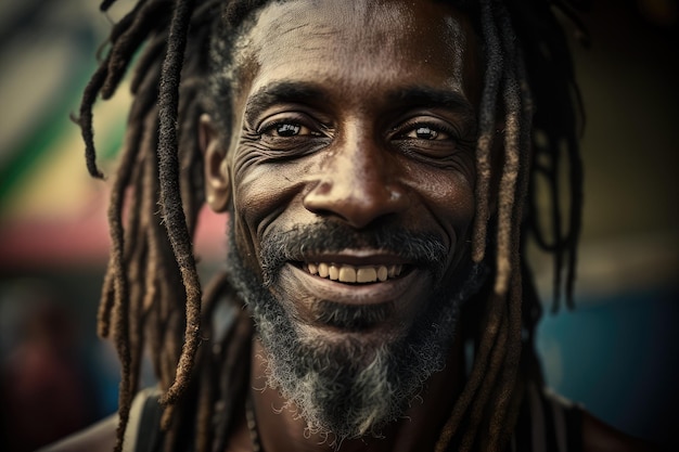 Beaming 45yearold Jamaican man with long dreadlocks radiating positivity and happiness Generative AI