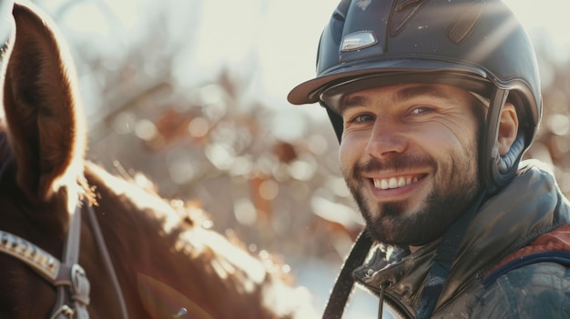 A beaming man in a helmet stands beside his horse basking in the soft warm sunlight that highlights a peaceful rural setting