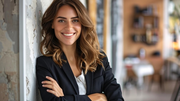 Beaming selfassured businesswoman with folded arms resting against wall in workplace