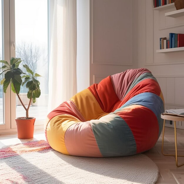 Photo a bean bag is on a rug in front of a window