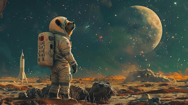 Bear in an astronaut suit on a rocky planet with a starry sky and a distant spaceship