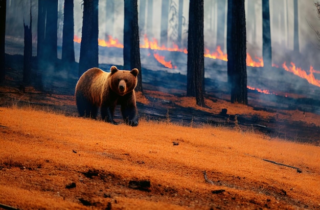 Bear on background of forest fire Poor brown bear in dangerous natural disaster Concept take care of nature Generative AI