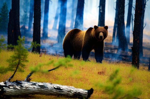 Bear on background of forest fire Poor brown bear in dangerous natural disaster Concept take care of nature Generative AI