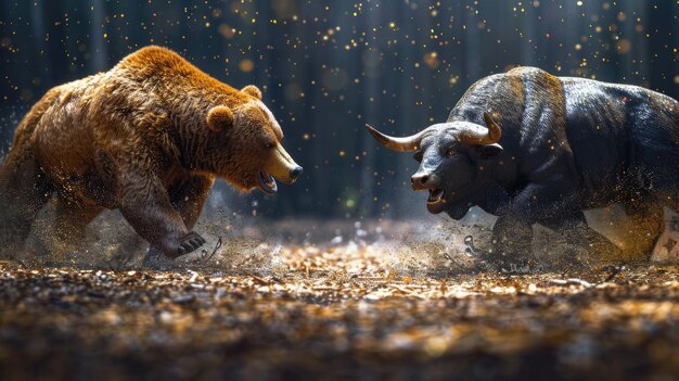 Photo bear and bull facing off in forest