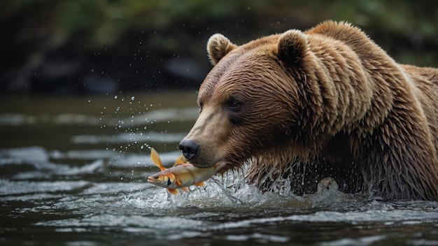 Bear Catching Fish with Water Droplets in a River